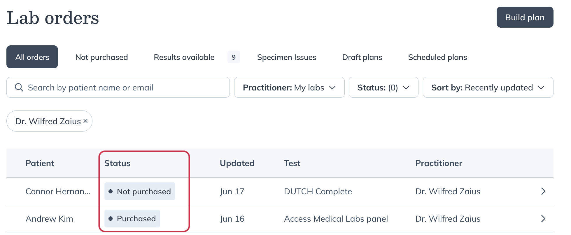 Status column in the Lab orders dashboard.